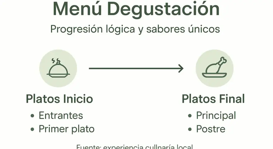 Ilustración de **que es un menú degustación**: progresión de platos inicio (entrantes, primer plato) a platos final (principal, postre).