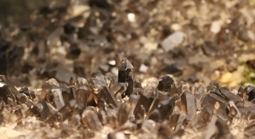 Cristalli di quarzo fumè, noti per le loro proprietà di radicamento e protezione, emergono da una base rocciosa.