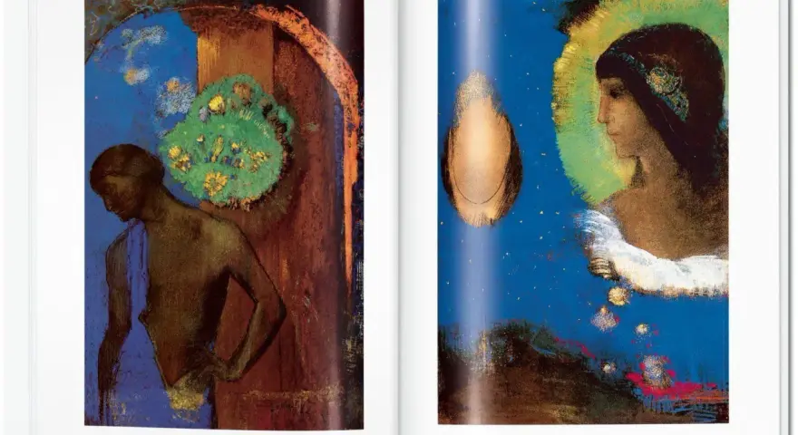 Dwie surrealistyczne sceny autorstwa Odilona Redona: postać w łuku i profil kobiety w otoczeniu gwiazd.