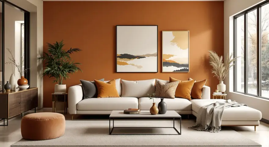 Un salon ocre chaleureux avec un canapé blanc, des coussins aux tons terreux, et des œuvres d'art abstraites.