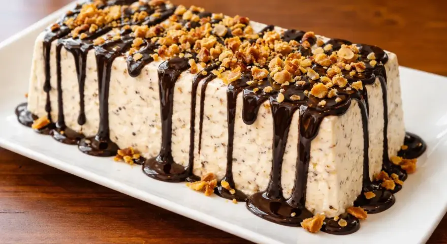 Delizioso parfait di mandorle, ricoperto di cioccolato fuso e croccante granella.