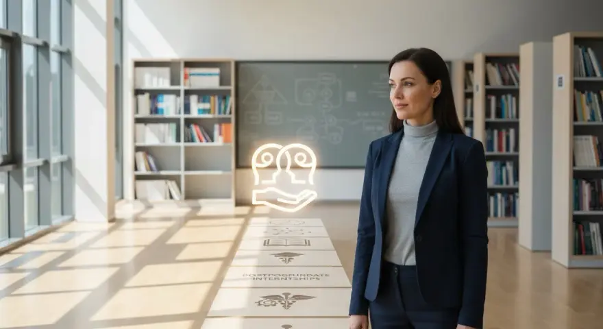 Kobieta w garniturze na tle biblioteki, wizualizacja ścieżki kariery: jak zostać psychologiem, od studiów po specjalizacje.