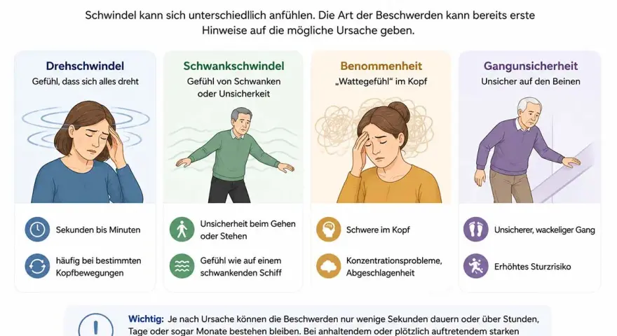 Illustrationen zeigen verschiedene Arten von Schwindel: Drehschwindel, Schwankschwindel, Benommenheit und Gangunsicherheit. Was tun bei Schwindel? Ärztliche Abklärung bei anhaltenden Beschwerden.