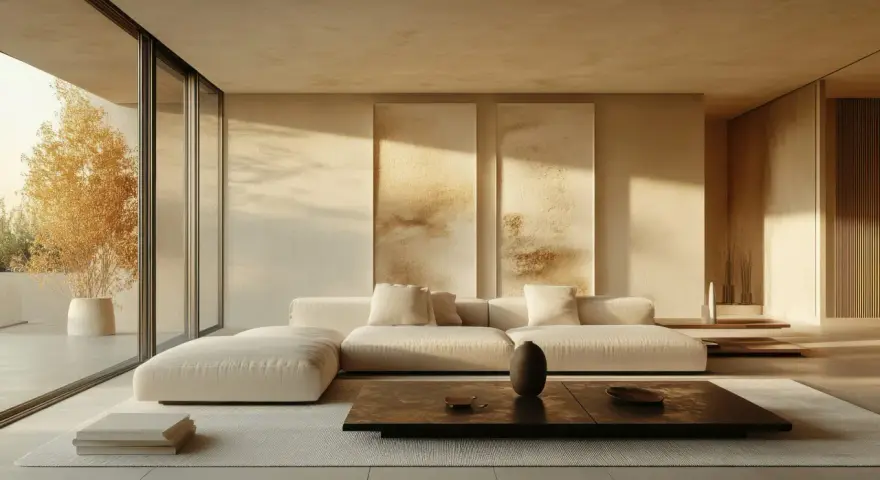 Un soggiorno con divano bianco, tavolino scuro e quadri astratti. Un esempio di stile minimal casa, con luce naturale che filtra da un'ampia vetrata.
