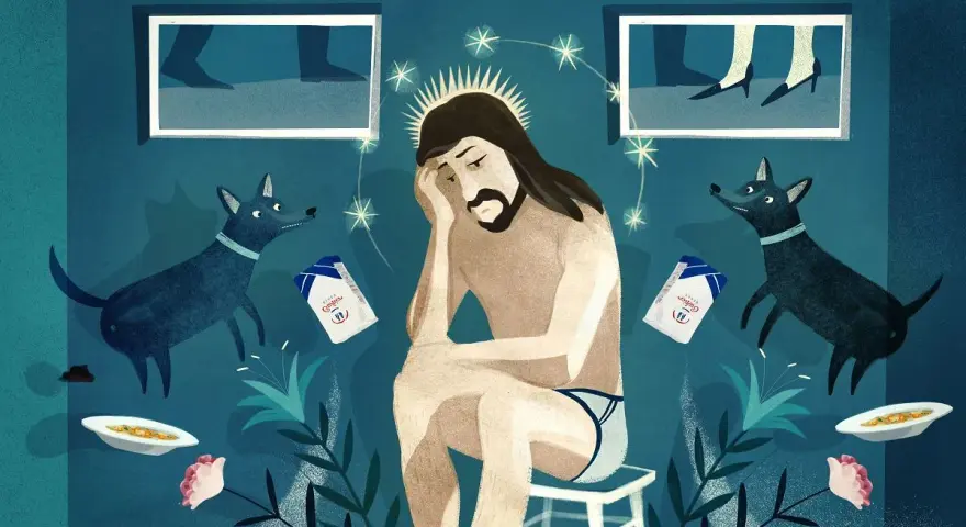 Smutny Jezus siedzi, otoczony przez psy i paczki cukru. Może to metafora trudności w życiu, jakby chciał wszystko "ulepszyć" jak w Ultimaker Cura po polsku.