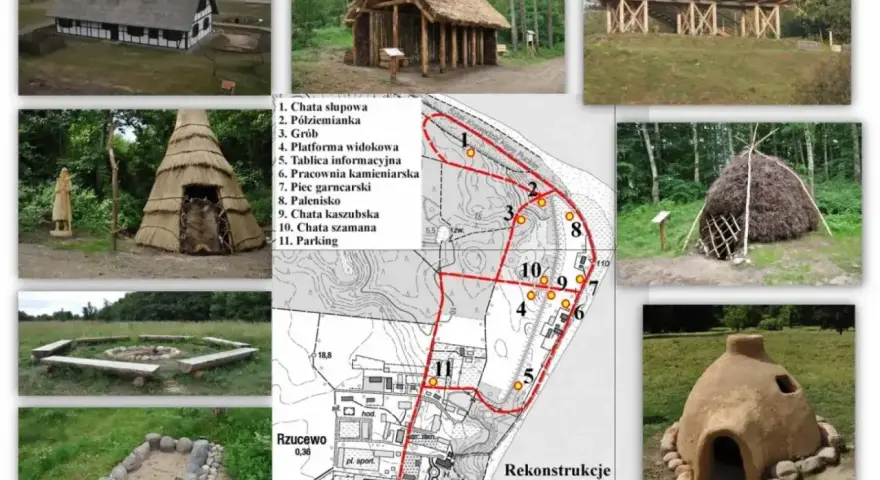Rekonstrukcja osady łowców fok: chaty, palenisko, piec garncarski i platforma widokowa. Mapa terenu z zaznaczonymi obiektami.