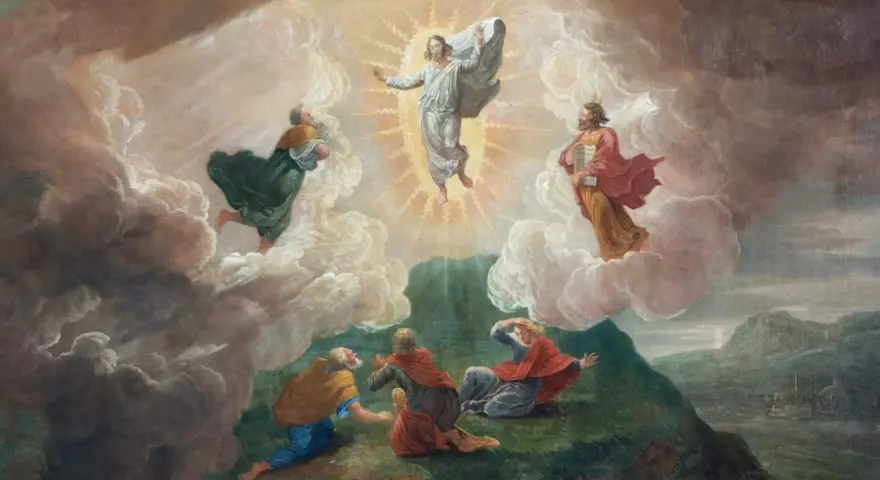 Jesus transfigures in glory, surrounded by Moses and Elijah, as disciples witness the divine event on the feast of the Transfiguration of the Lord.