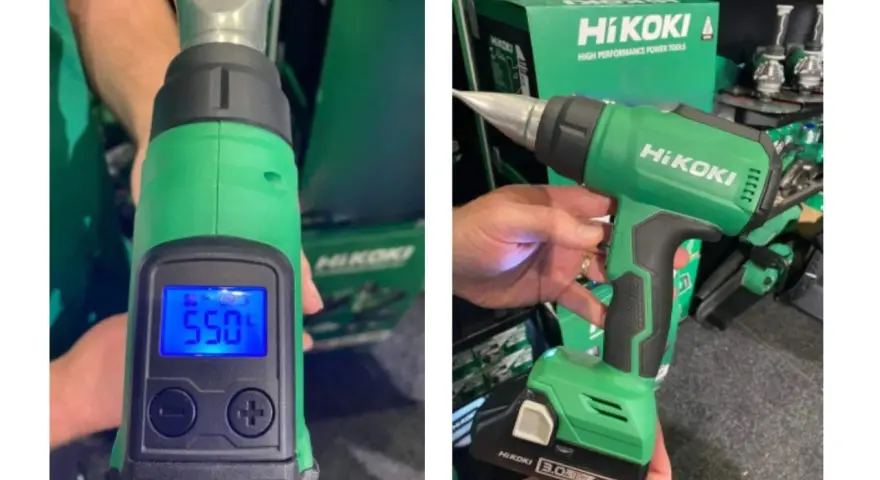 Dwie opalarki Hikoki, jedna z wyświetlaczem 550°C. Hikoki to firma produkująca narzędzia.