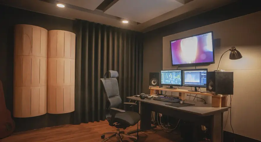 Studio do tworzenia dźwięku z monitorami, komputerem i panelem akustycznym. Idealne miejsce do pracy nad sound designem.