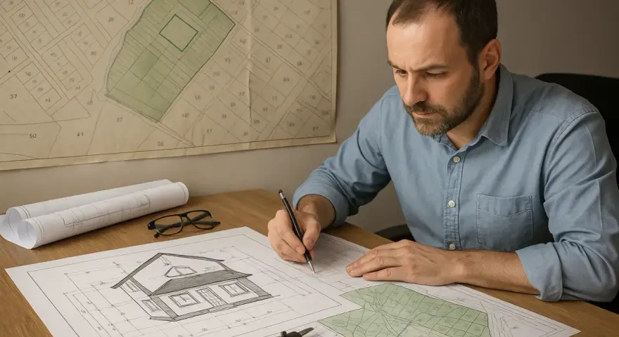 Architekt pracuje nad adaptacją projektu budowlanego, analizując plany działki i wizualizację domu.