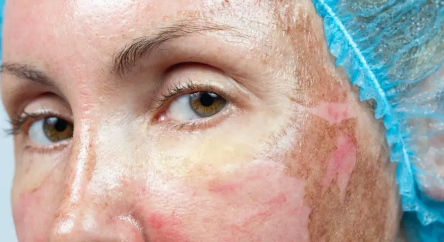 Skóra po zabiegu: peeling chemiczny na przebarwienia. Widoczne zaczerwienienie i złuszczanie naskórka.