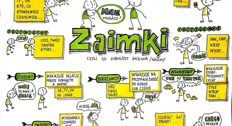 Zaimki – słowa zastępujące imiona i nazwy. Ilustracja pokazuje różne rodzaje zaimków: rzeczowne, przymiotne, osobowe, zwrotne, dzierżawcze, wskazujące, pytające i przysłówkowe.