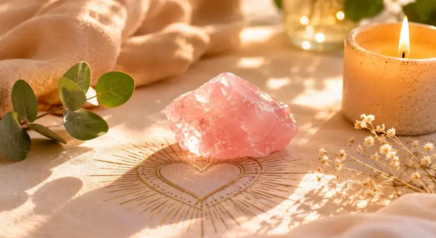 Un cuarzo rosa sobre un corazón dorado, rodeado de eucalipto y una vela encendida. Descubre como usar el cuarzo rosa para atraer el amor.