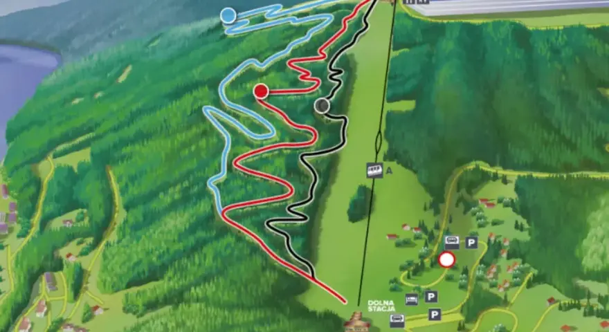 Mapa Góry Żar z zaznaczonymi trasami zjazdowymi (niebieska, czerwona, czarna) i wyciągiem. Widok z lotu ptaka na malowniczy krajobraz.