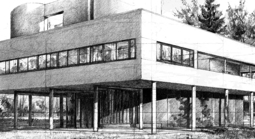 Szkic nowoczesnego domu z przeszklonymi ścianami i tarasem, tworzący harmonijną kompozycję geometryczną.