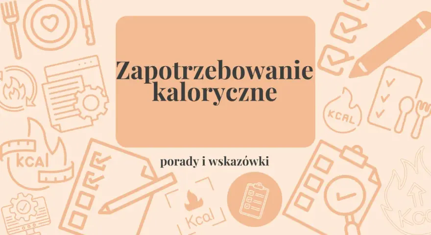 Grafika z ikonami związanymi z kaloriami, dietą i obliczeniami.