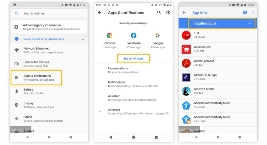 En el menú de apps, busco si tengo un virus. Veo la lista de apps instaladas, incluyendo "10K".