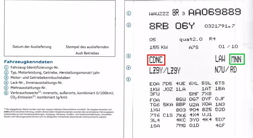 Auf diesem Dokument steht unter "Motor- und Getriebekennbuchstaben" (Punkt 3) "CDNC". Dies verrät, welches Getriebe hat mein Auto.