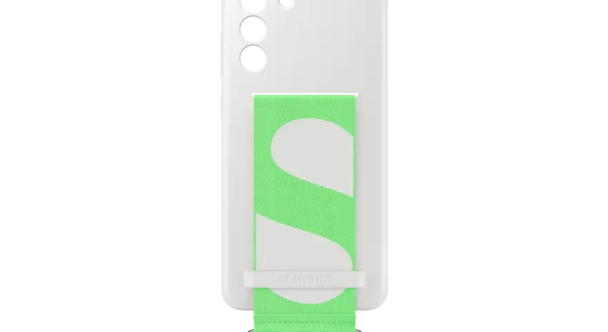 Białe etui na Samsung Galaxy S21 FE z zielonym paskiem i białym logo "S".