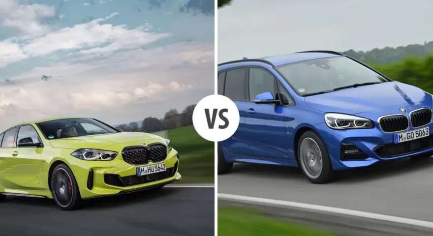 Dwa samochody BMW: żółty hatchback Serii 1 i niebieski Active Tourer, z napisem VS pośrodku.