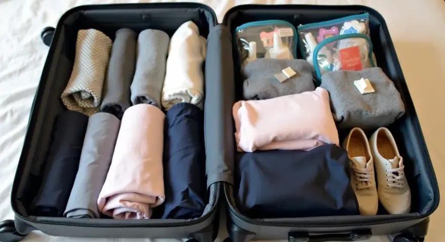 Starannie spakowana walizka, idealna lista rzeczy na wyjazd. Ubrania zwinięte w rulony, kosmetyczki i buty czekają na podróż.
