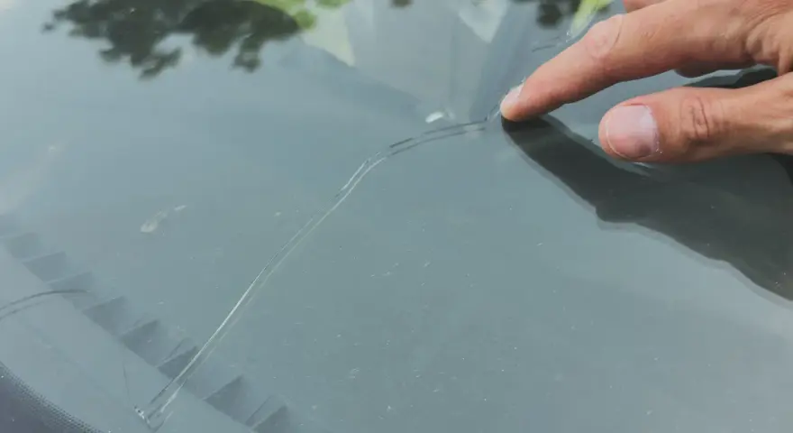 Palec wskazujący na pękniętej szybie samochodowej. Sprawdź autoglass cennik, aby poznać koszt naprawy.