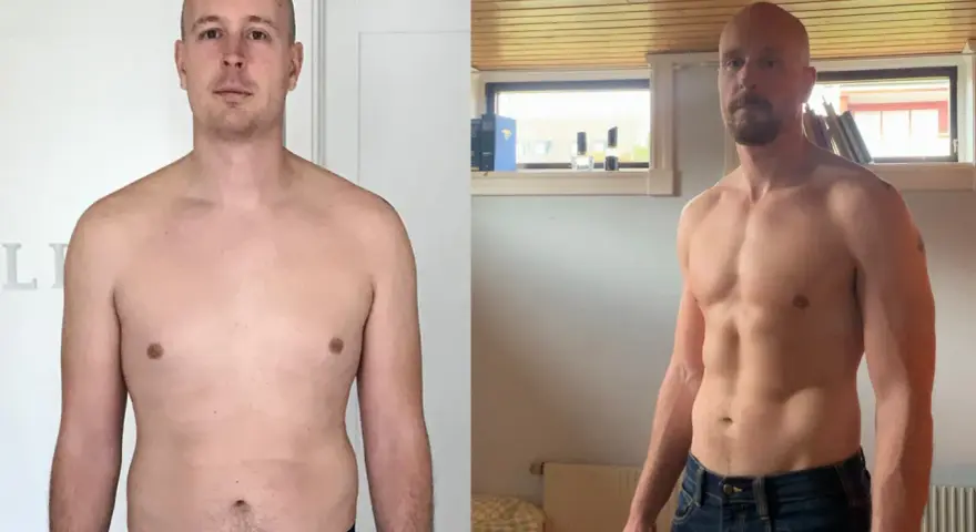 Man före och efter en carnivore diet svenska. Synlig muskelökning och minskad kroppsfett.