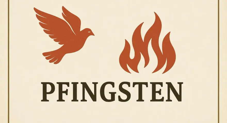 Taube und Flammen über dem Wort PFINGSTEN. Die Pfingsten Bedeutung wird durch diese Symbole für den Heiligen Geist und seine Gaben dargestellt.