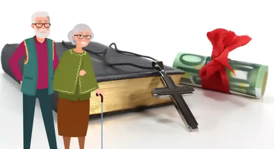 Älteres Paar neben Bibel, Kreuz und Geldrolle. Thema: Rentner zahlen Kirchensteuer.