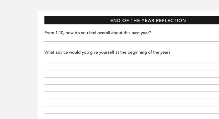 Journal prompts for end of year reflection: rate your year, advice for your past self, and biggest lessons learned.