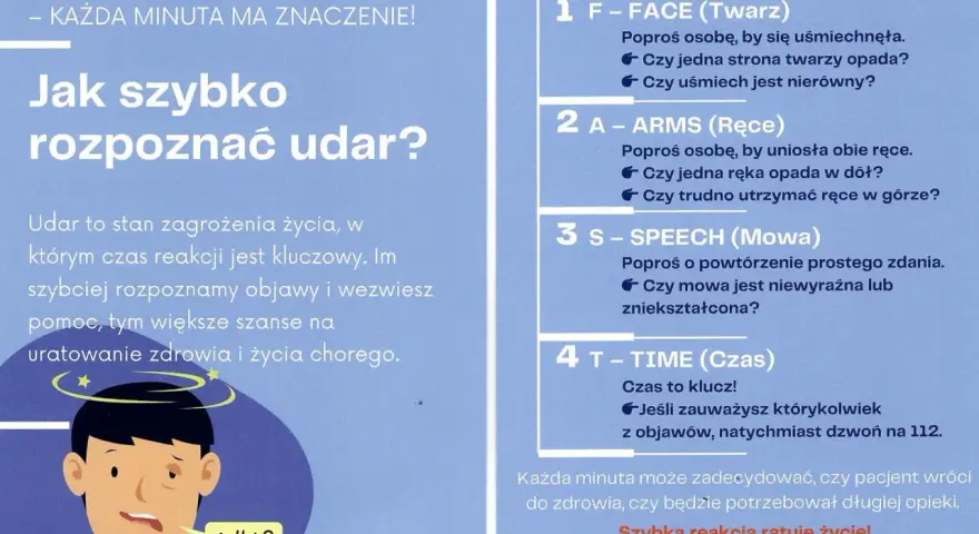 Ilustracja przedstawia mężczyznę z objawami udaru: opadającą stroną twarzy i niewyraźną mową. Obok znajduje się instrukcja TEST FAST, która pomaga rozpoznać wylew.