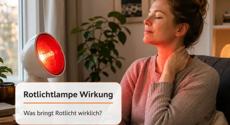 Frau genießt die wohltuende Rotlichtlampe Wirkung am Nacken. Die Wärme entspannt und lindert Verspannungen.