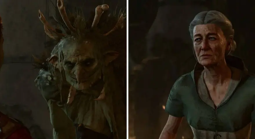 Un troll con cuernos y una anciana con tita Ethel BG3, ambos con miradas intensas.