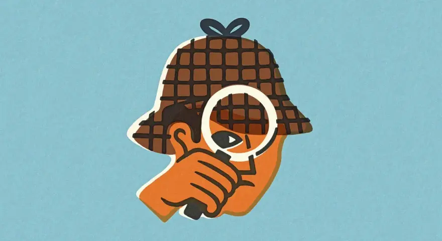 Stylizowana głowa w kapeluszu detektywa, z lupą przed okiem. Wszyscy wiemy, kto tak bada sprawy – to Sherlock Holmes!