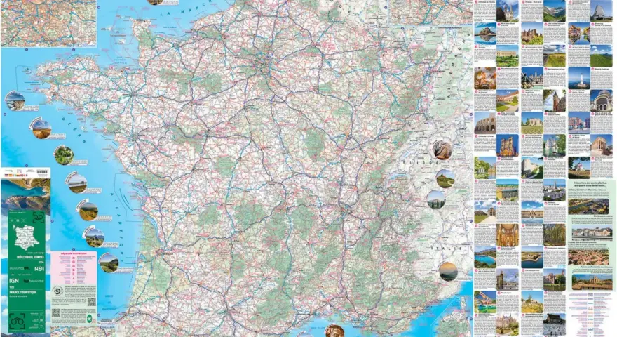 Carte de France touristique avec des photos de sites remarquables. La légende indique la signification des symboles.