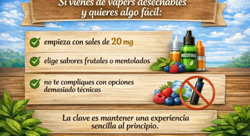 Para empezar fácil, usa sales de nicotina de 20 mg, sabores frutales y evita complicaciones técnicas.