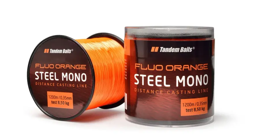 Pomarańczowa żyłka Tandem Baits Steel Mono 0,35mm, test 8,50 kg. Idealna na karpia, nawet 20 kg!