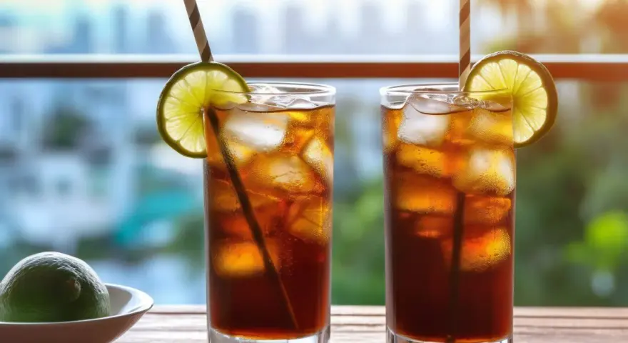 Dwa orzeźwiające drinki z ice tea, lodem i plasterkiem limonki, gotowe do wypicia w letni dzień.