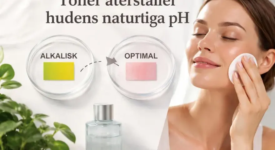 En kvinna applicerar toner med en bomullsrondell. Bilden visar hur tonern återställer hudens naturliga pH, från alkaliskt till optimalt, vilket framhäver vikten av aktiva ingredienser hudvård.