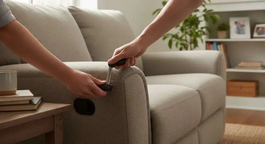 Deux mains actionnent la manivelle pour régler un canapé électrique. Facile à installer, ce fauteuil inclinable électrique est prêt à l'emploi.