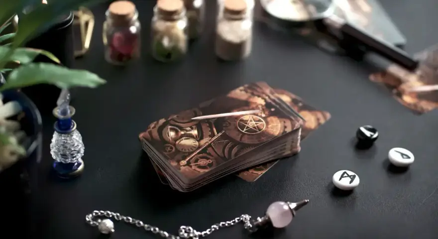Karta tarota z motywem steampunk, obok wahadełka i run.