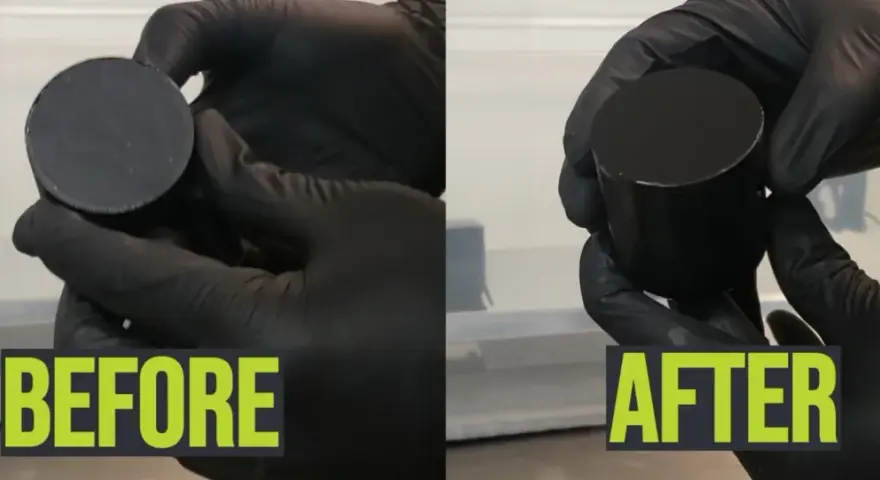 Before and after comparison of a 3D printed part undergoing vapor smoothing, showing a dramatically improved surface finish.