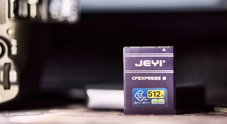 Karta pamięci JEYI CFexpress B 512 GB, gotowa do zapisywania materiałów 8K RAW z prędkością 120P.