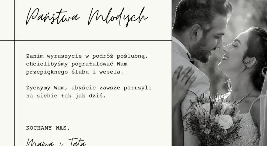 Gratulacje dla Państwa Młodych! Niech Wasza wspólna podróż będzie pełna miłości i radości. Wszystkiego najlepszego na nowej drodze życia!