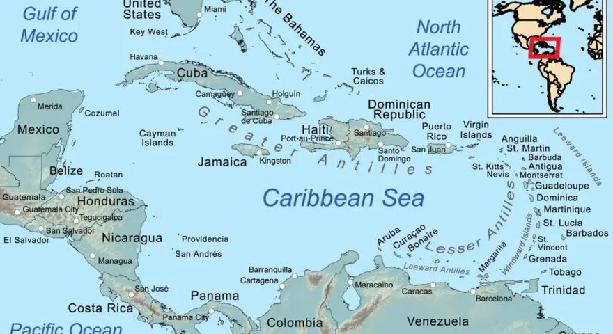 Mapa Karaibów: duża wyspa obok Kuby to Haiti, z Dominikaną i Jamajką.