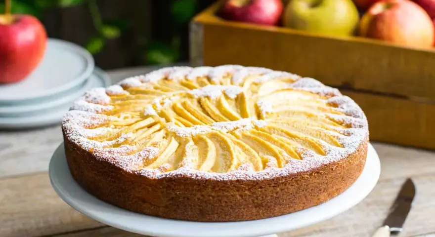 Torta di mele velocissima in 10 minuti, decorata con fettine di mela e zucchero a velo. Sullo sfondo, una cassetta di mele rosse e gialle.