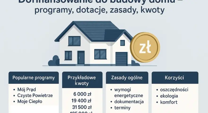 Dofinansowanie do budowy domu: programy, dotacje, zasady, kwoty. Ilustracja domu z monetą zł. Popularne programy, przykładowe kwoty, zasady i korzyści.