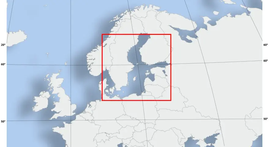 Mapa Europy Północnej z zaznaczonym Bałtykiem. Pokazuje, ile wody jest w Bałtyku, otoczonym przez kraje skandynawskie i bałtyckie.