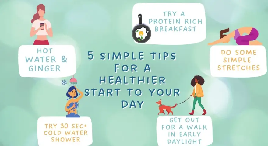 5 simple tips for a healthier start to your day: hot water & ginger, protein breakfast, stretches, cold shower, and a walk in daylight.