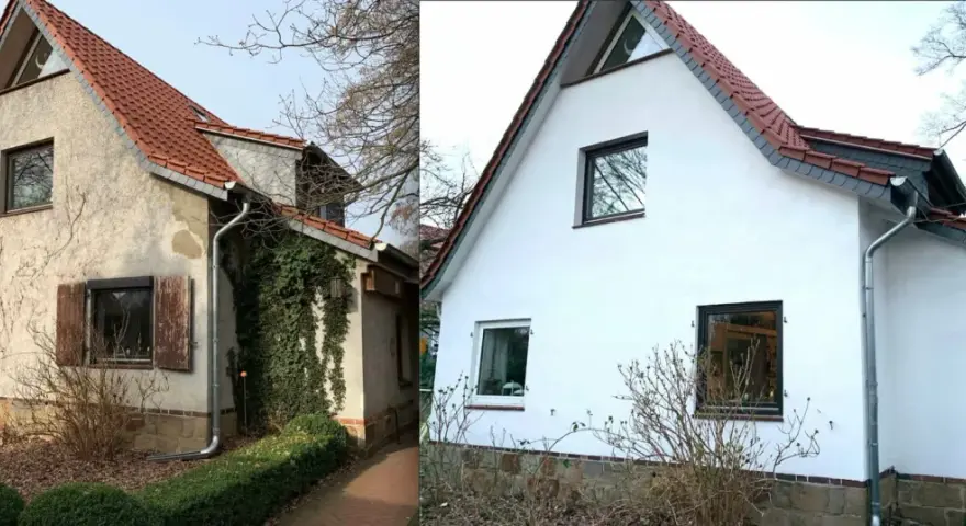 Vorher-Nachher-Vergleich: Altes Haus mit verputzter Fassade und neu verputztes Haus. Die Fassade verputzen Kosten sind hier gut sichtbar.